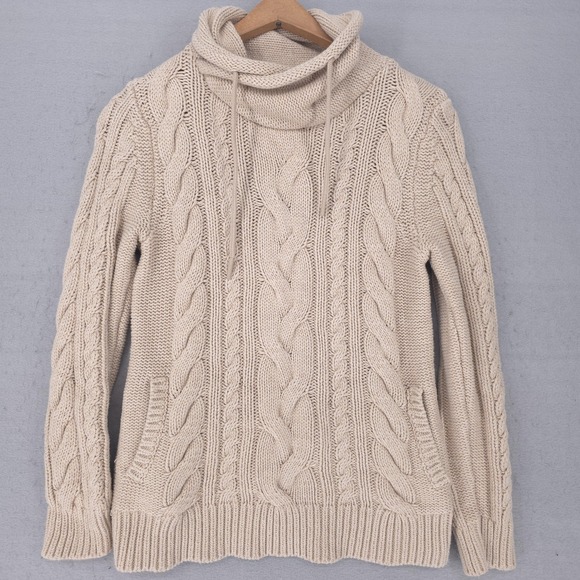 L.L. Bean Sweaters - L.L.Bean Sweater Womens XS Cream Cotton Cable Knit Cowl Neck Pockets Pullover